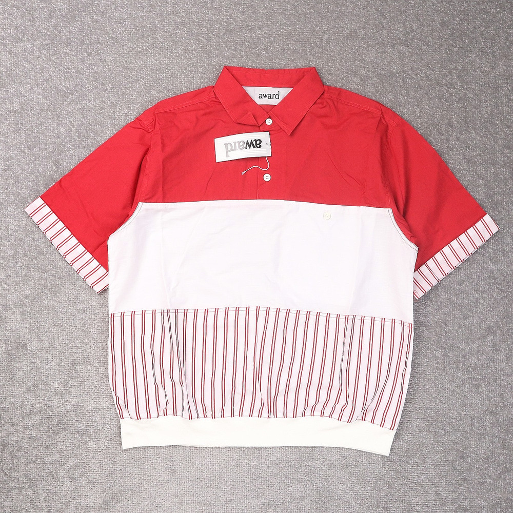 VTG 80s 90s Award Deadstock Medium Red White Striped Short Sleeve Collared Shirt